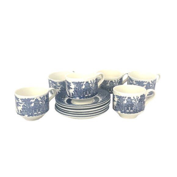 Churchill Ironstone Vintage Blue & White Willow Pattern Cups With Saucers Set Of - Picture 8 of 11